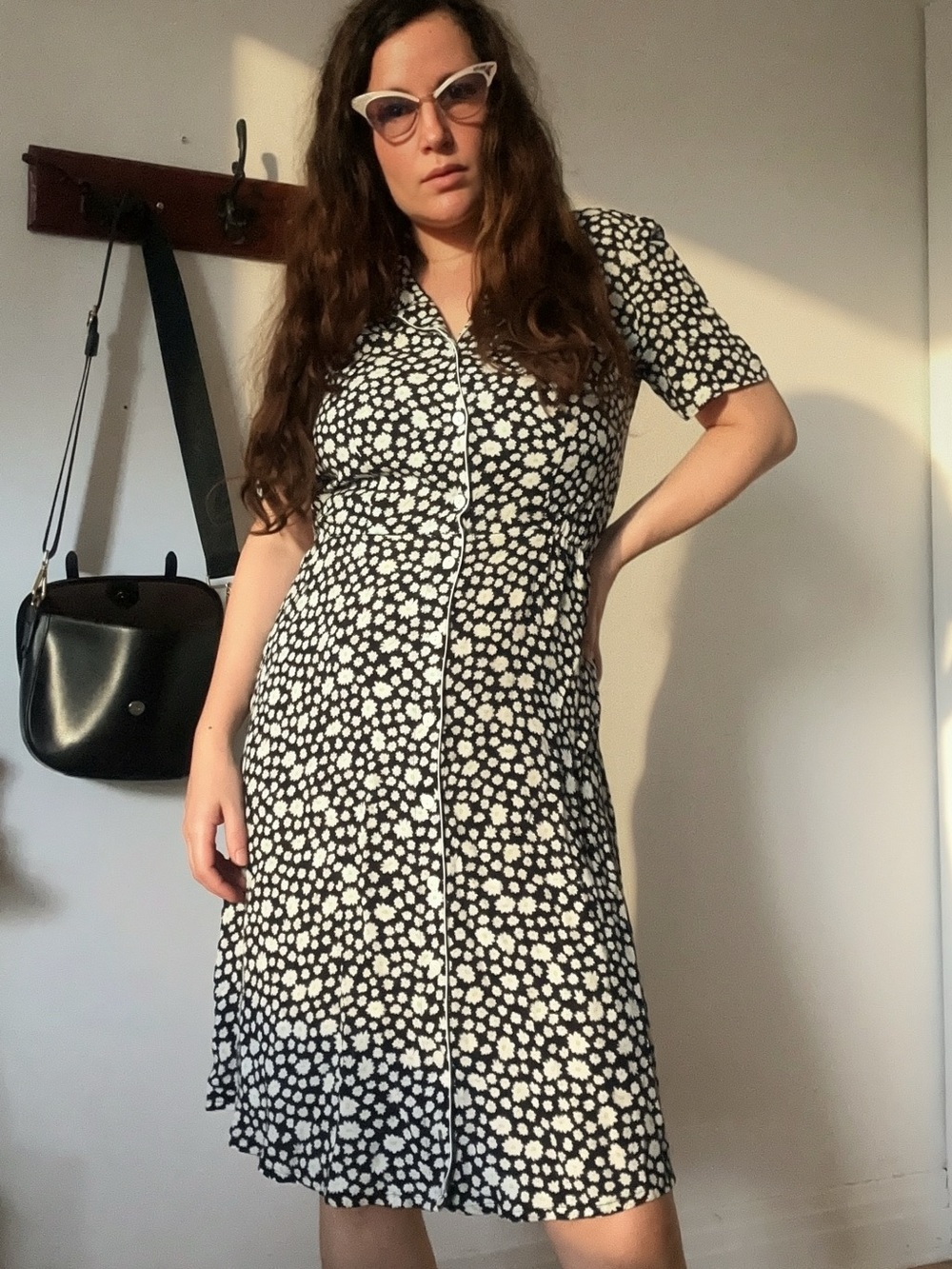 Vintage 90’s Black and White lime floral Liz Claiborne collared shirt Dress